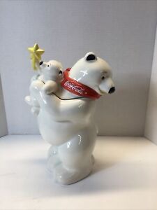 Coca-Cola Polar Bear Cookie Jar Earthenware by Sakura 13 in Baby Bear with Star