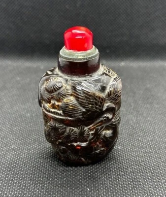 Chinese Rare Hand carved Crane with Tree Ember Snuff Bottle with Red Topper - Image 1 of 4
