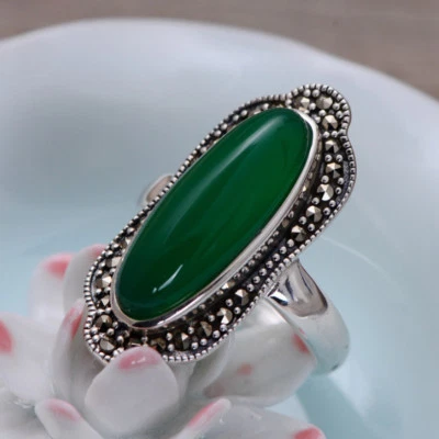 K01 Ring langer grüner Chalzedon Markasit Sterling Silber 925 verstellbar - Bild 1 von 4