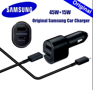 Samsung 45W Dual Port Fast Charging Car Charger & 3A USB-C to USB-C Cable S24 - Picture 1 of 10