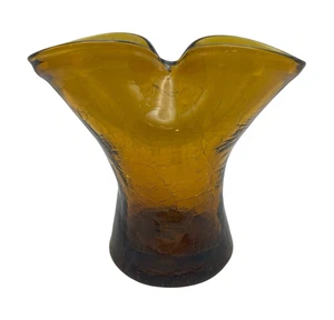 Vintage MCM Blenko Pinch Vase Amber Crackle Glass Double Opening 4.25" Tall - Picture 1 of 6