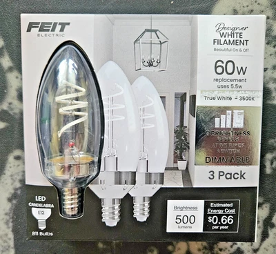 Feit Electric 60W Equiv B11 Candelabra White Filament Clear Light Bulb 3 Pack - Image 1 of 2