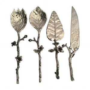 BOMBAY COMPANY Silver Leaf & Twig Salad Serving Spoons Cake Knife Woodland Fairy - Picture 1 of 12