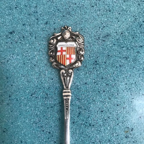 Vintage 914/1000 Silver Barcelona Souvenir Spoon with Enameled Flag Of Spain Cover