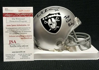 Minicasco autografiado de DeAndre Washington Raiders. Inscripción. Just win baby.JSA Foto 1 de 4