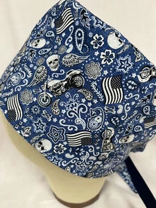 Men/Women Surgical Scrub Cap Lined Skulls Motorcycle Bandanna Blue 100% Cotton - Picture 1 of 3