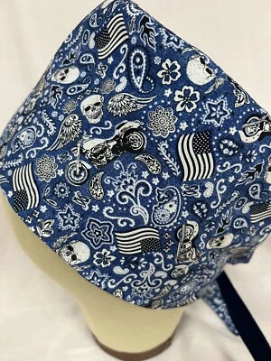 Men/Women Surgical Scrub Cap Lined Skulls Motorcycle Bandanna Blue 100% Cotton - Image 1 of 3