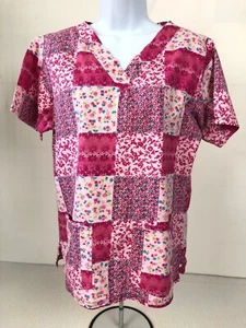 Uniform Advantage Women Scrub Top Size S Pink Squares Vneck Short Sleeves Pocket - Picture 1 of 11