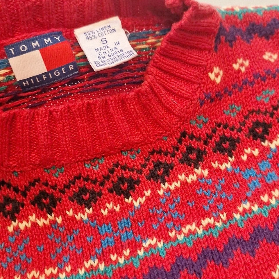Suéter Tommy Hilfiger Vintage Talla Pequeña Lino Mezcla Algodón Para Mujer Rojo Estampado Foto 1 de 4