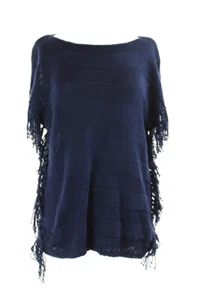 American Living  Navy Short-Sleeve Fringed Sweater M - Picture 1 of 3