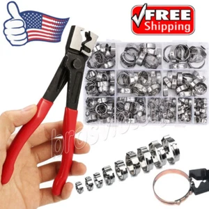 130PCS Single Ear Stepless Hose Clamps 304 Stainless Steel Ear Hose Clamps Plier - Picture 1 of 22