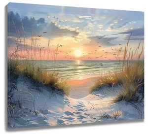 Arte de pared en lienzo paisaje puesta de sol playa océano costero para baño sala de estar - Imagen 1 de 16