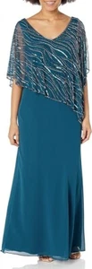 J Kara Women's Beaded V-Neck Sheer Capelet Teal Dress Gown Size 8P - Picture 1 of 2