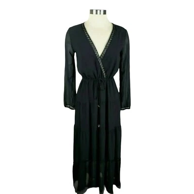 Maxi Vestido Colección NY Negro Manga Larga Cuentas Cuello en V Nivel Volantes Nuevo con Etiquetas Defecto XS Foto 1 de 4