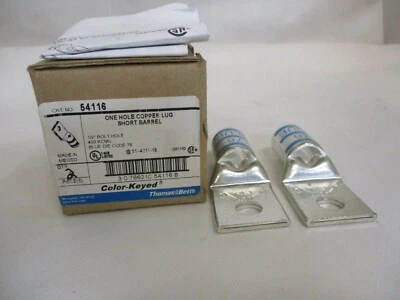 NEW BOX OF 2 THOMAS BETTS 54116 COPPER LUG 1/2" HOLE 400 BLUE DIE COMPRESSION - Image 1 of 2
