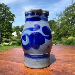 Vintage Salt Glazed Cobalt Blue Motif 6 1/8” Tall 1/2 Liter Pitcher - Picture 1 of 11