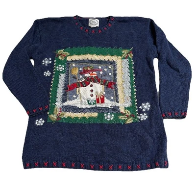 Suéter Pullover Vintage Navidad Grueso Tejido Bordado Muñeco de Nieve Hong Kong Foto 1 de 4