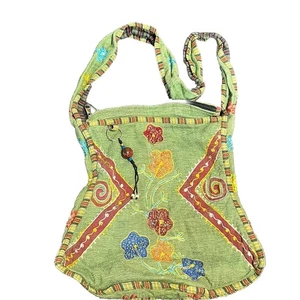 Rising International Nepal Crossbody Green Embroidered Cotton Bag Hippie Boho - Picture 1 of 14