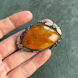 Vintage Large Baltic Amber Brooch Silver Tone Arts & Crafts Revival MCM Floral - Picture 1 of 12