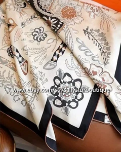 Sallys 18 Momme Twill Silk Wrap Scarf Floral Horse Double Face Shawl 35" White - Picture 1 of 8