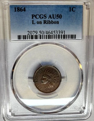 CHOICE 1864 INDIAN HEAD PENNY CENT 1C PCGS AU-50  L on RIBBON - Image 1 of 4