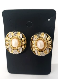 Vintage Ohrringe Clip auf glänzendem Metall gold & silberfarben weißer Stein Statement 1" - Bild 1 von 4