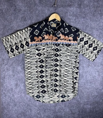 Moda Tech Shirt Mens Size XL Tan Horses Western Pearl Snap Cowboy Rodeo - Image 1 of 4