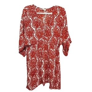 Indah Kleid Größe Large Mini Coverup Paisley gedeckt rot/weiß Boho Print V-Ausschnitt - Bild 1 von 10