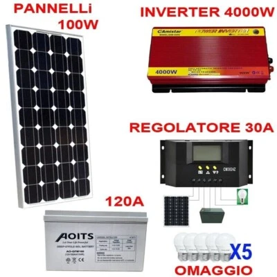 KIT FOTOVOLTAICO 1KW GIORNALIERO BATTERIA 12VL  CAMPER BARCHE PANNELLO 100 watt - Immagine 1 di 4
