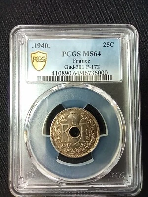 France : 25 Centimes .1940. Lindauer  ; PCGS : MS 64 - Image 1 of 2