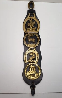 HORSE BRASS BADGES MEDALLIONS ON LEATHER STRAP RUSTIC COTTAGE EQUESTRIAN VINTAGE - Image 1 of 4