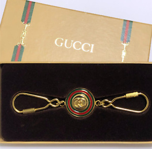 VINTAGE GUCCI Key Ring Chain Fob w/ Original Box Gold Tone GG Italy Interlocking