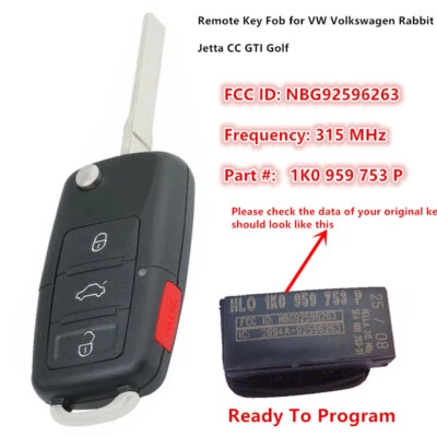 Remote Key Fob for VW Volkswagen Rabbit Jetta CC GTI NBG92596263 -1K0 959 753 P Foto 1 de 4