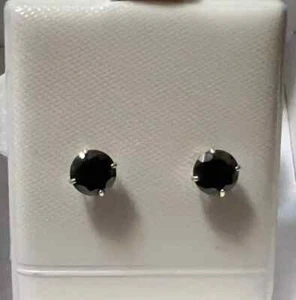 Certified 2Ct Round Black Diamond Solitaire Stud Earrings 14K White Gold Finish - Picture 1 of 4