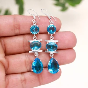 Blue Topaz Gemstone Handmade 925 Sterling Silver Long Dangle Earring Jewelry
