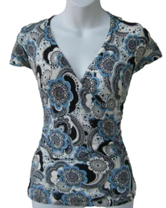 NWT Ann Taylor LOFT Crossed faux wrap blue medallion print Sweater Top Sz XS - Picture 1 of 1
