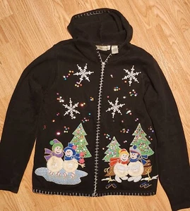 Victoria Jones Ugly Christmas Cardigan Black Hooded Snowmen Zip Up Sweater Small - Picture 1 of 4