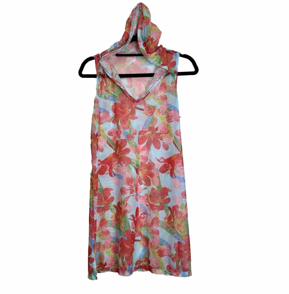 Athena Women's Sheer Mesh Swimwear Cover-Up Dress Size Medium Floral Hooded Top - Image 1 of 4