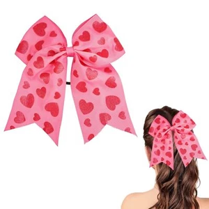 Valentine's Day Heart Hair Bows Large Pink Bow Hair Tie Love Ribbon Cheer Bow... - Picture 1 of 7