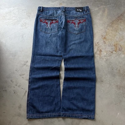 Pantalones de mezclilla vintage Y2K antiguos bordados calce suelto Cybergoth Grunge talla 38x31 Foto 1 de 4