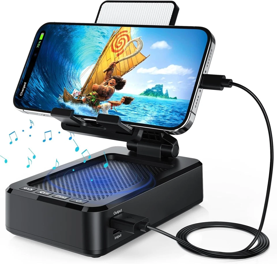VOIJUMP Cell Phone Stand with Wireless Bluetooth Speaker and Charging, Anti-Slip Base HD