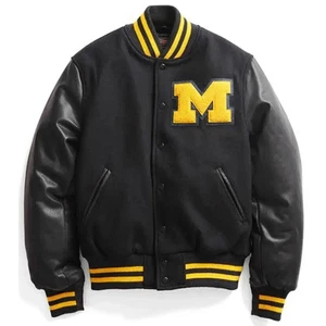 Mens Black Wool Letterman Jacket, Leather Sleeves & Yellow M Sticker Patch - Picture 1 of 5
