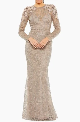 MAC DUGGAL 11323 Taupe Gown Size 18 Embellished Shoulder Floral Long Sleeve NWOT - Image 1 of 4