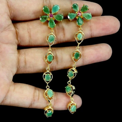 925 Sterling Silver Earrings Pear Emerald 6x4mm Ruby Natural Gemstone Jewelry - Image 1 of 4
