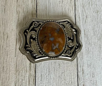 Centro de mesa vintage de piedra de ágata con hebilla de cinturón piedra de mármol tono plateado Foto 1 de 2