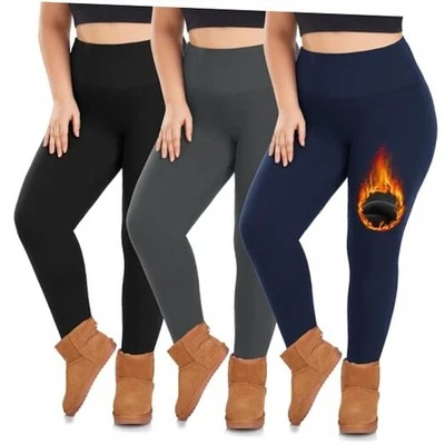  3件装大码抓绒衬里打底裤女式3X大号黑色/灰色/海军蓝 — 第 1/4 张图片