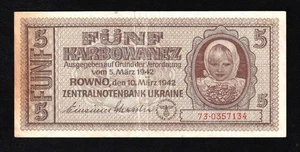 🇺🇦 Ukraine Rowno 5 Karbovantsiv, 1942, P51,German Occupation , WW II ,Banknote - Picture 1 of 2
