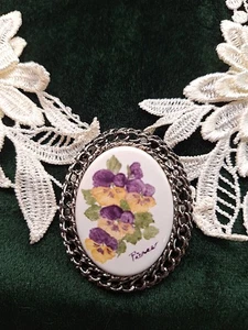 Vtg Hand Painted Signed Yellow & Purple Pansy Porcelain Silver-tone Brooch Pin - Picture 1 of 6