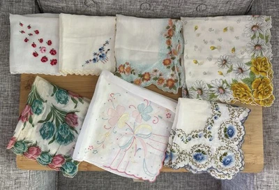 Vintage Lot of 7 MCM Ladies Hankies Floral Print Cotton Blend Assorted Sizes - Image 1 of 4