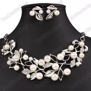 COLLAR CLIP ON de colección elegante HOJA DE PERLA Set de cristal ORO/PLATA PLT - Imagen 1 de 13